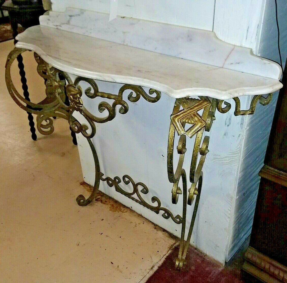 Antique Gilt Metal Console with Marble Top Entryway Italian