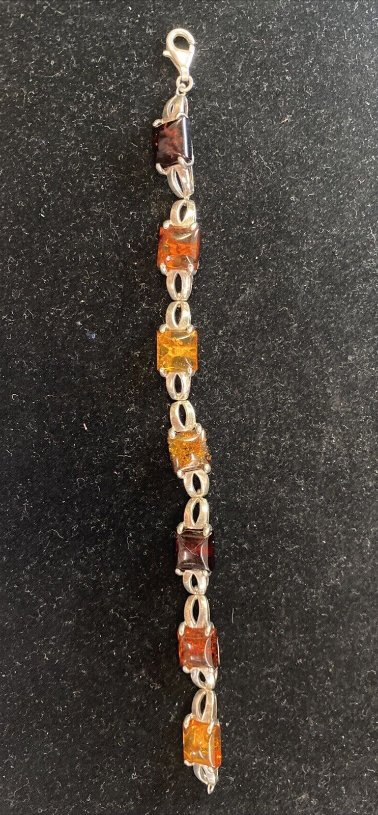 Vintage Baltic Poland Cognac Amber 925 Sterling Silver Bracelet Rectangle 15.2g