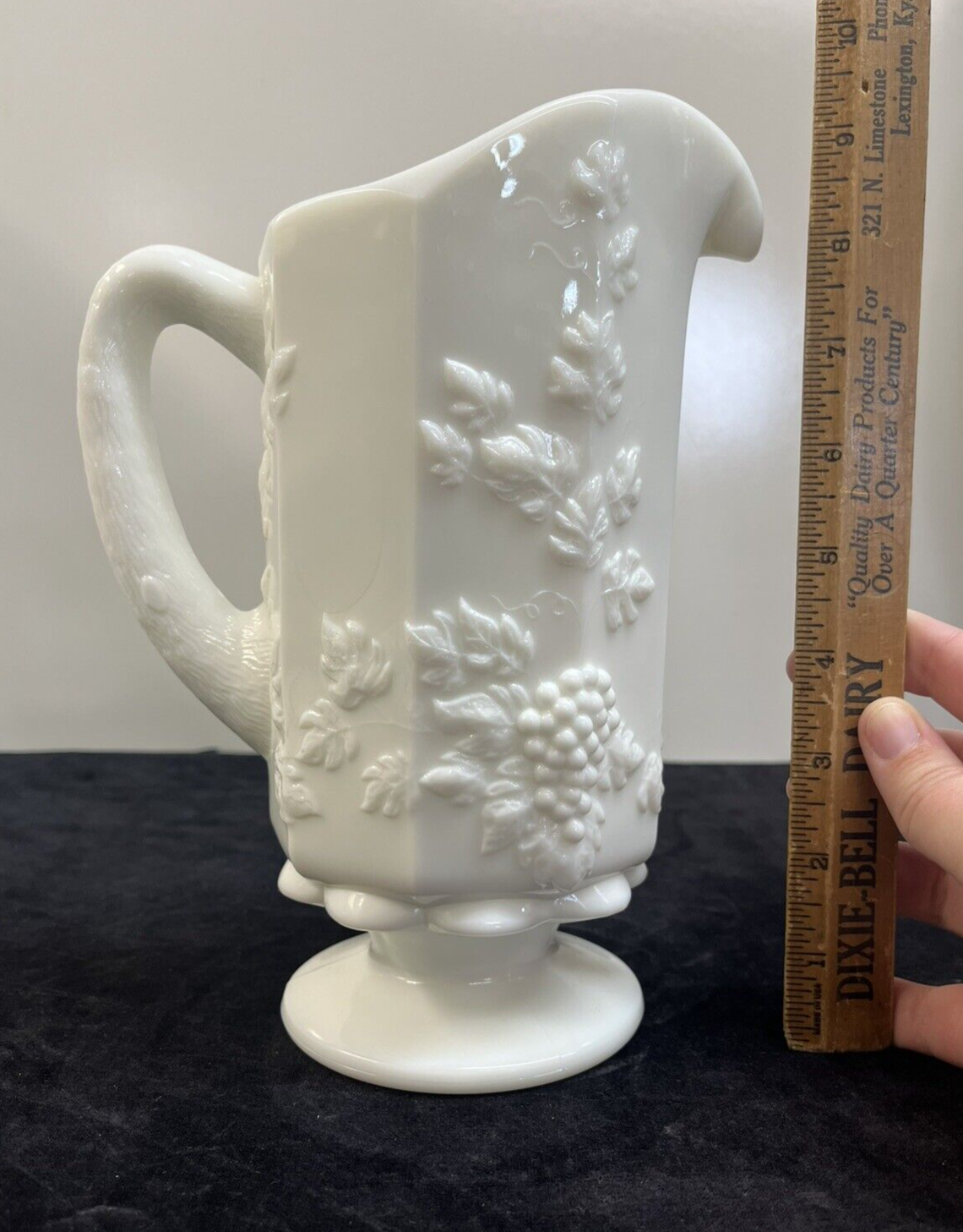 Vintage Westmoreland Milk Glass Panel Grape & Ivy Quart Pitcher 9"
