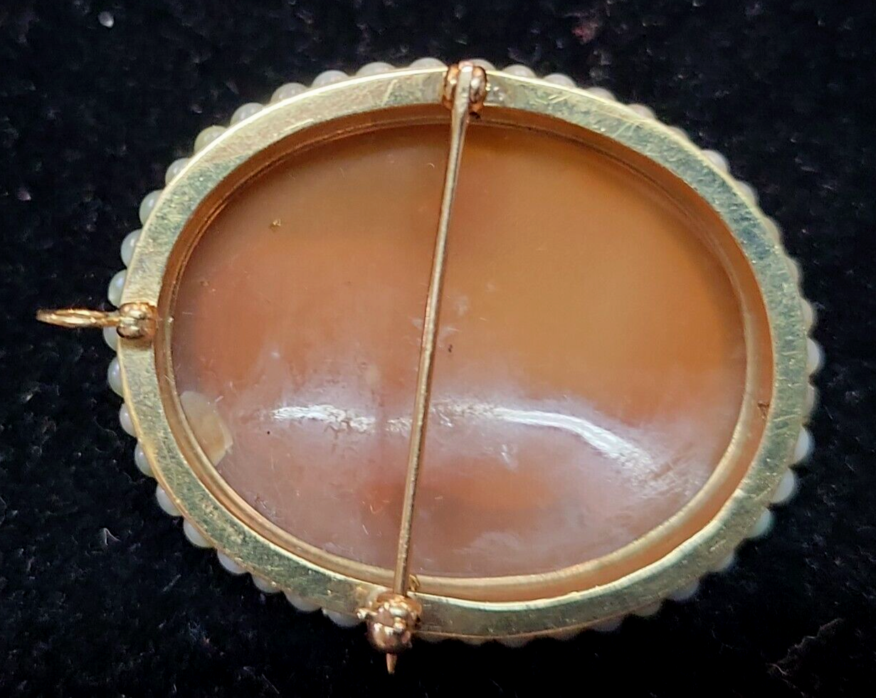 Victorian Shell Cameo Pendant Brooch 14K seed Pearls Full Face 1800's