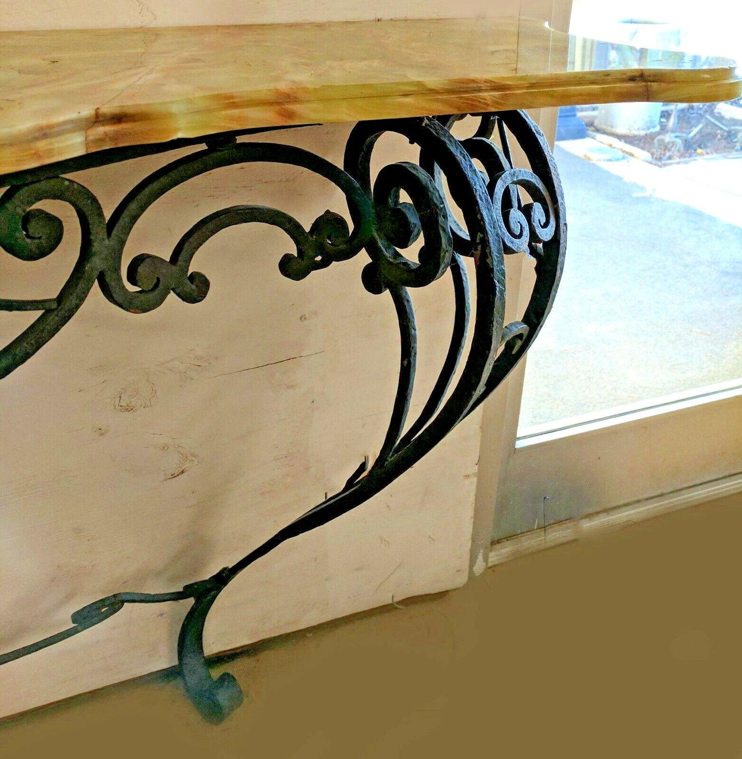 Antique French Rococo Style Scrolled Iron Console W61" Marble Onyx Attaches Wall