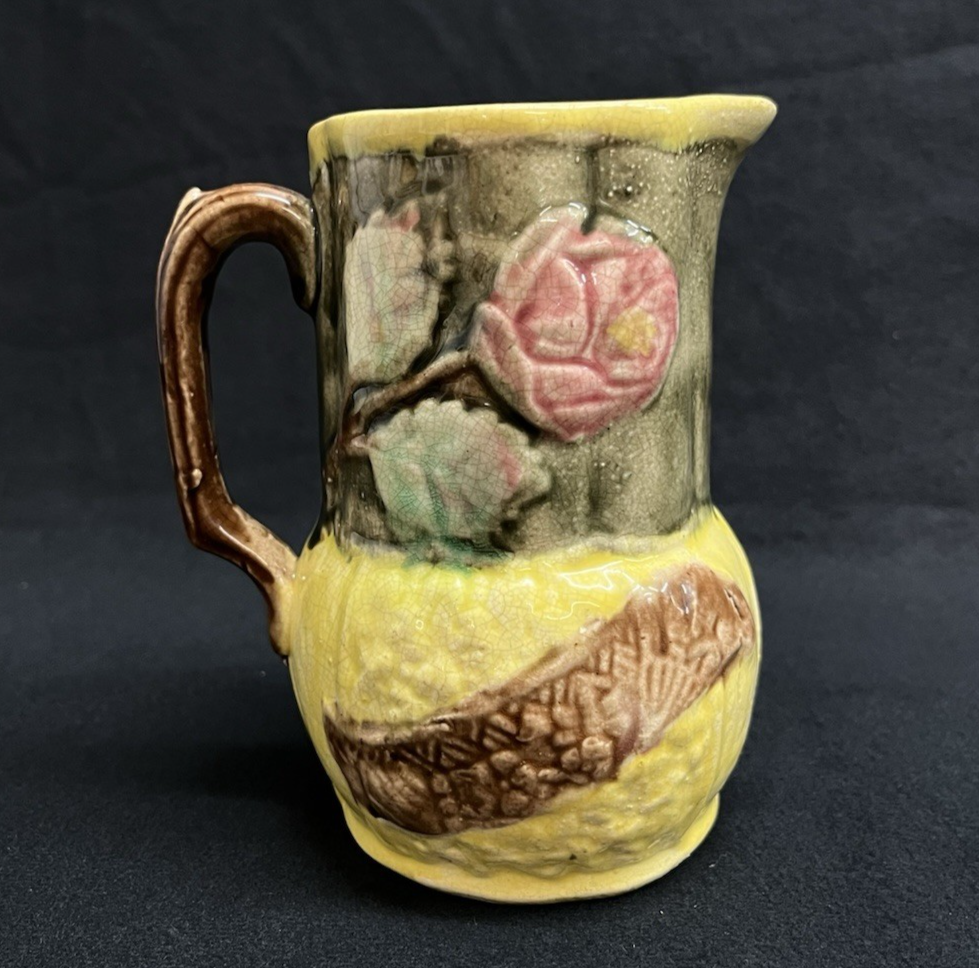 Vintage Majolica Earthenware Wild Rose Small Pitcher  5.5"