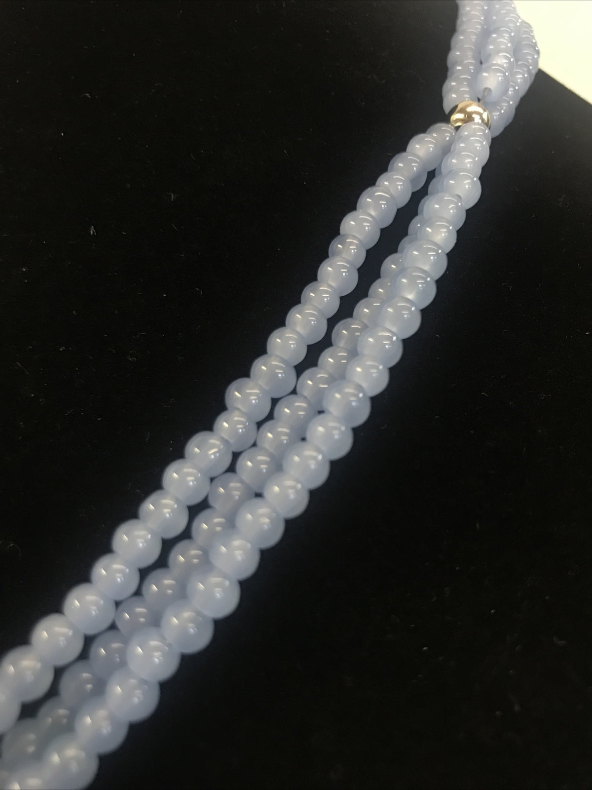 Vintage Blue Glass Bead Necklace with heart  blue & pink rhinestone pendant