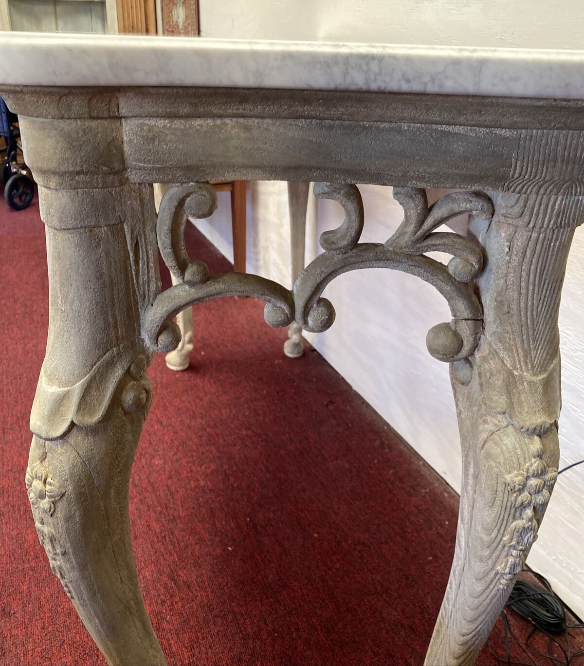 Antique Italian Pierced & White Washed Console Table w/ Marble Top