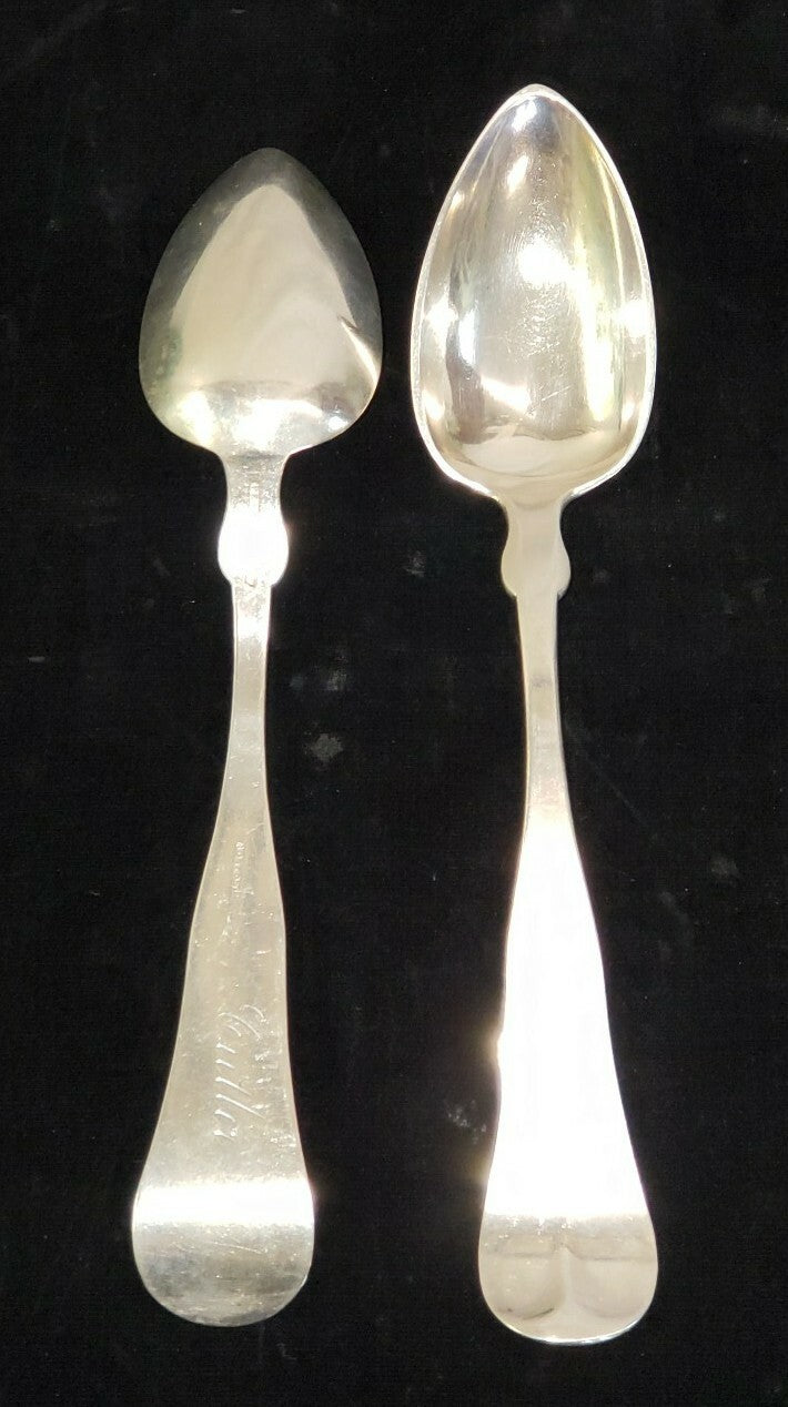 Coin Silver Pear & Bacall of Boston, MA 1850 PR TABLESPOONS "Cutler" Mono 7 5/8"