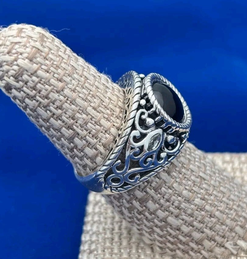 Sterling Silver 925 Black Onyx Geometric Pattern Ring Sz 8 8.2g     Thailand
