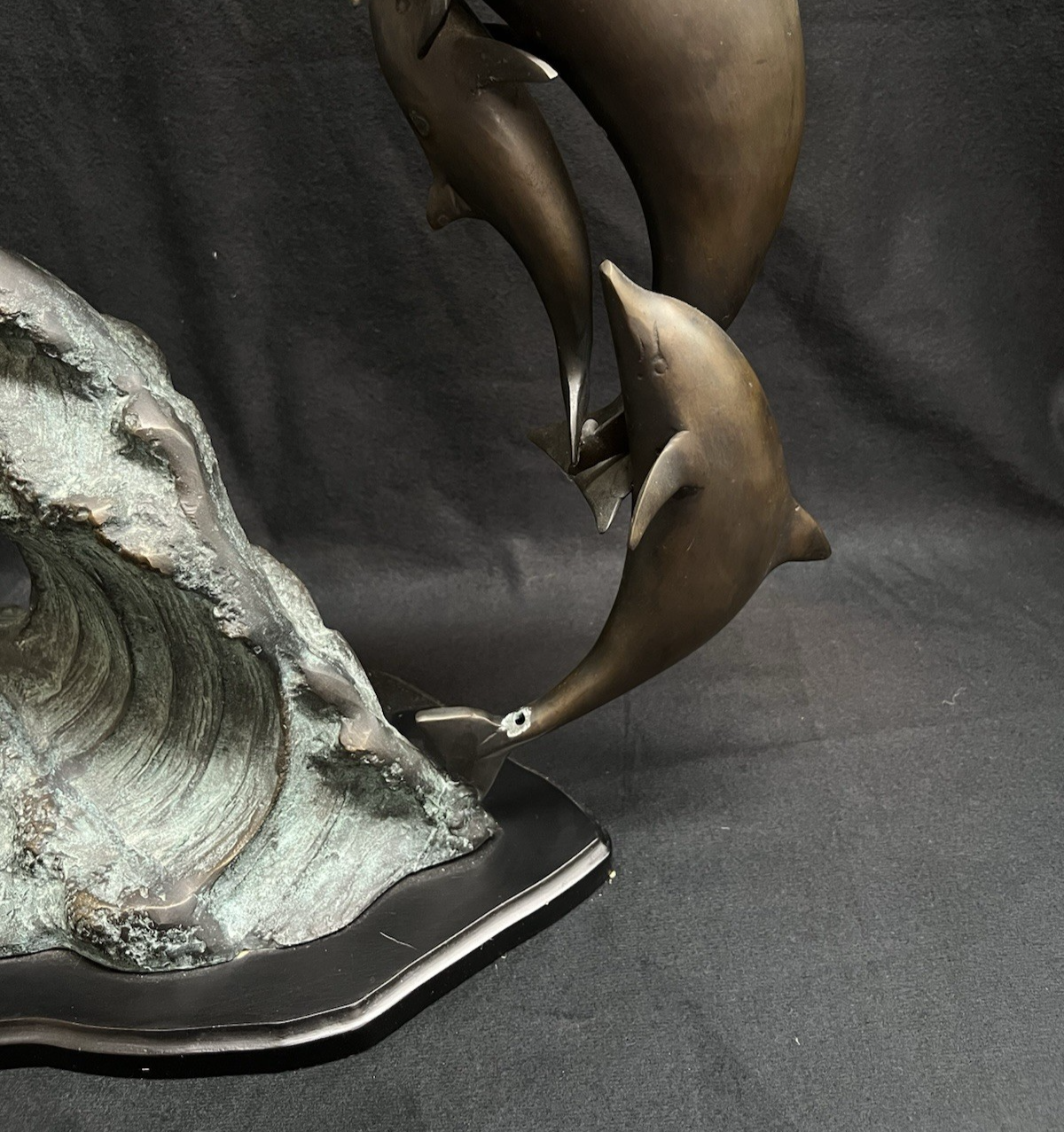 PB6 Bronze School of Dolphins Ocean Scene Statue w/ Wood Base 19"x 23"