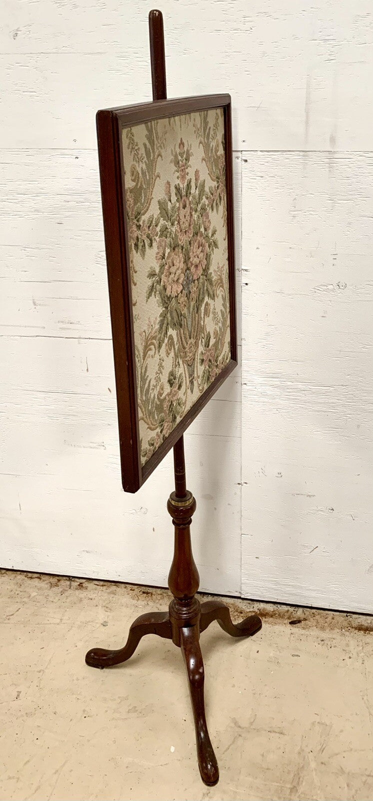 Antique Cherry Victorian Fire Pole Screen Stand w Tapestry