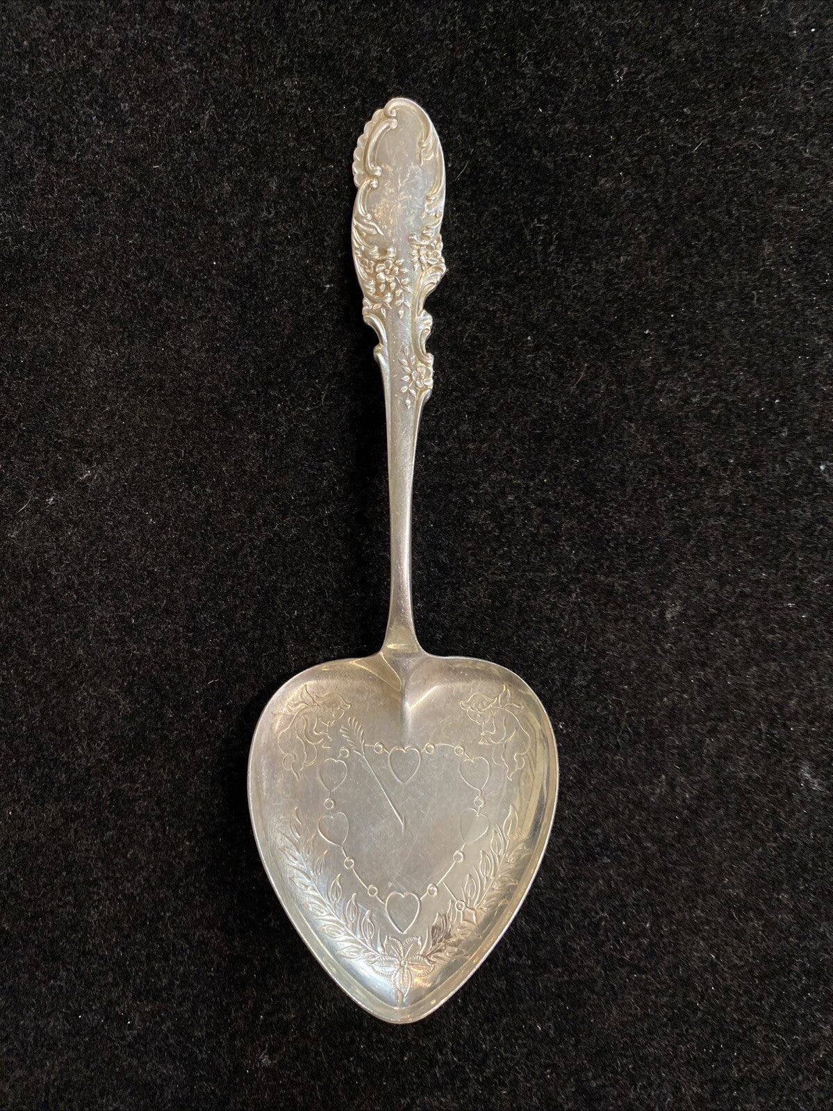 Antique 1892 Whiting Sterling Silver Heart Shaped Nut Spoon in Orleans Pattern