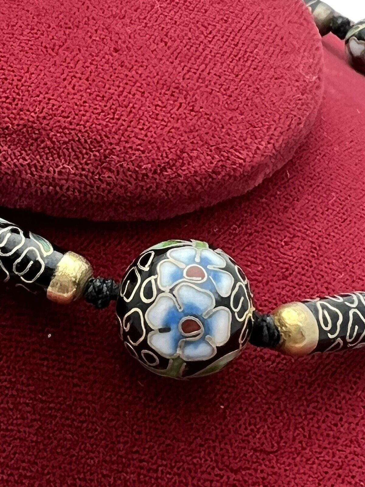 Antique Handmade 30" Cloisonne Necklace Hand Painted Black Enamel Floral Design