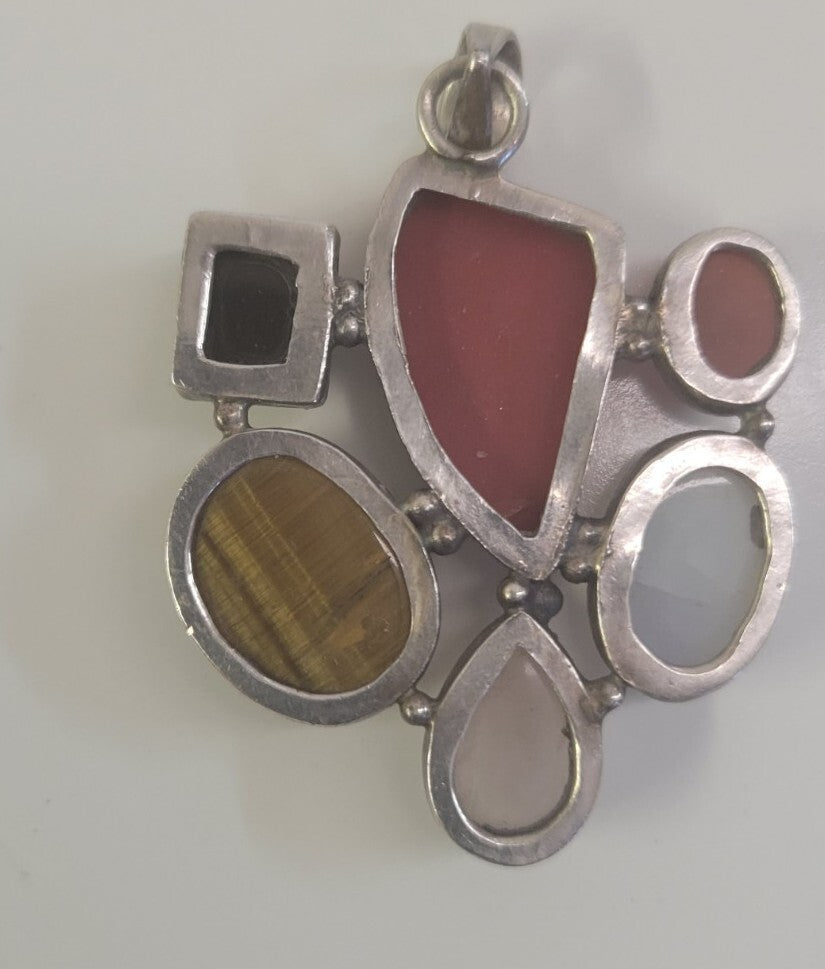 Sterling Silver Pendant with natural stones-cat eye, onyx, red jasper, abalone,