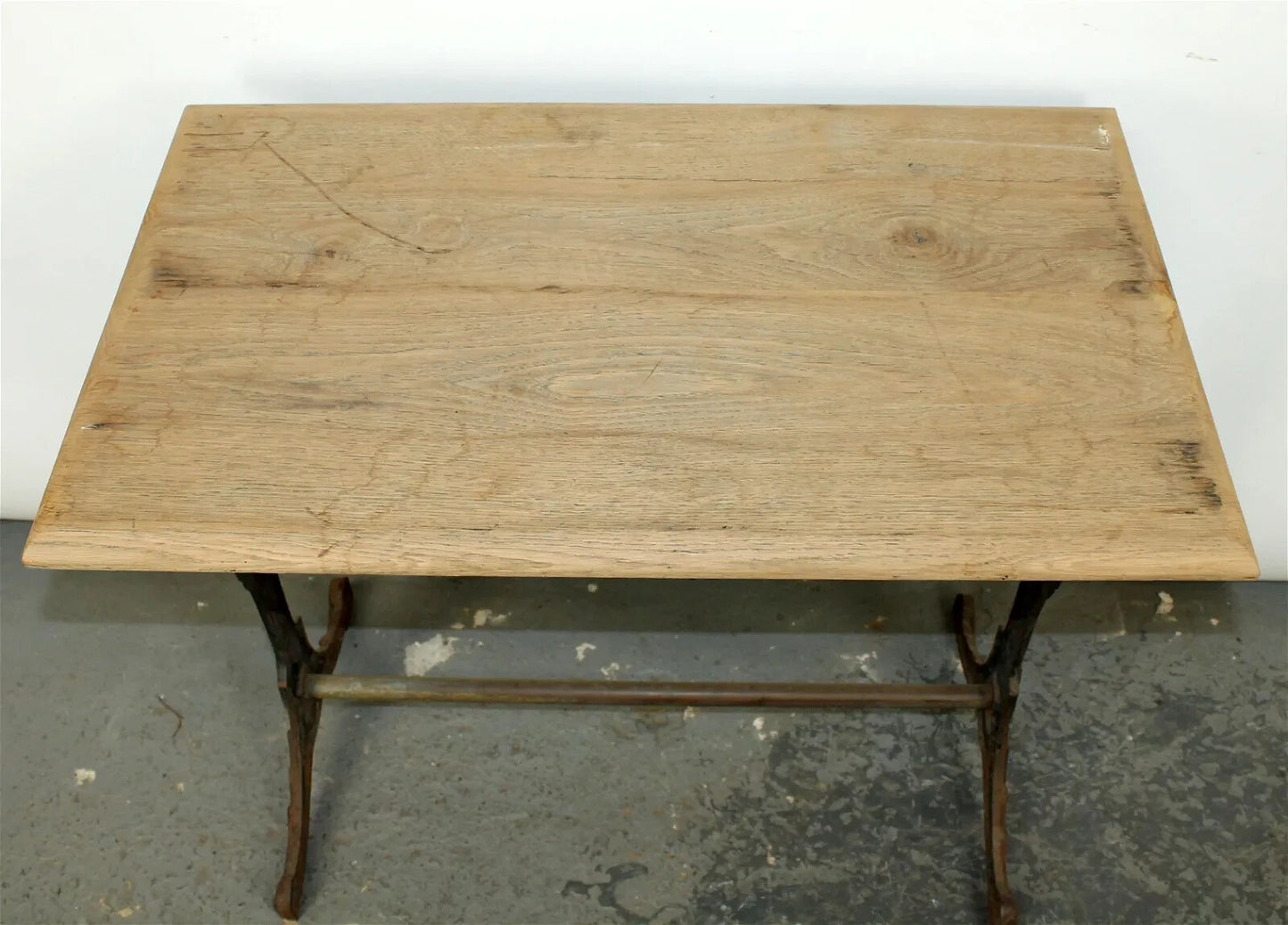 Antique French Art Deco bistro table w/ cast iron base natural white oak top
