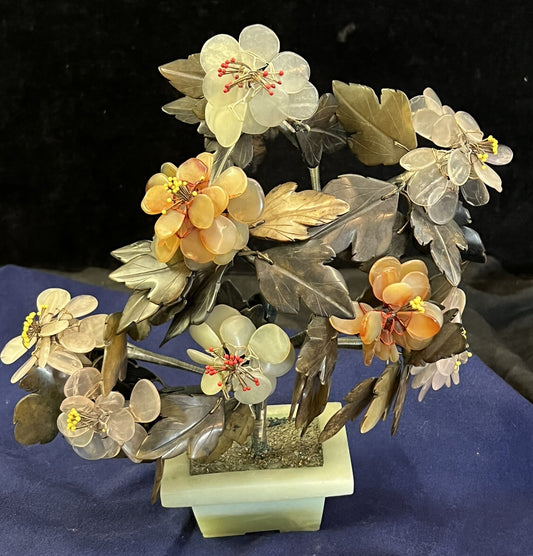 Chinese Tree of Life Bonsai Floral Mid Century Modern Jade Rose Quartz Agate 10"