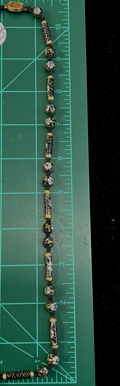 Antique Handmade 30" Cloisonne Necklace Hand Painted Black Enamel Floral Design