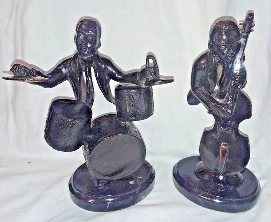 Pair African American Jazz Player Musician Bronze on Marble Base