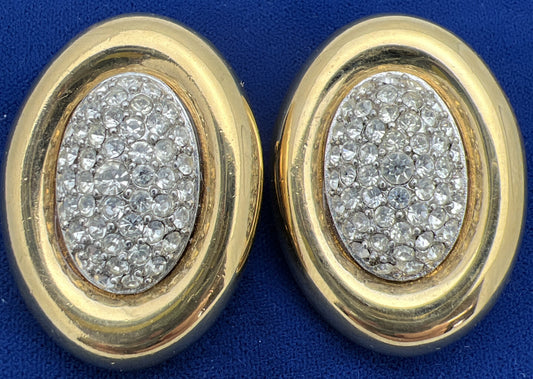 Vtg Signed GIVENCHY Paris NY Swarovski Crystals Gold Tone  Dome Clip On Earrings