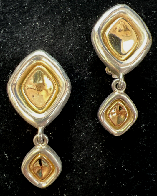100% Authentic Givenchy Signed Vintage Earrings Clip Dangle Silver & Gold Toned