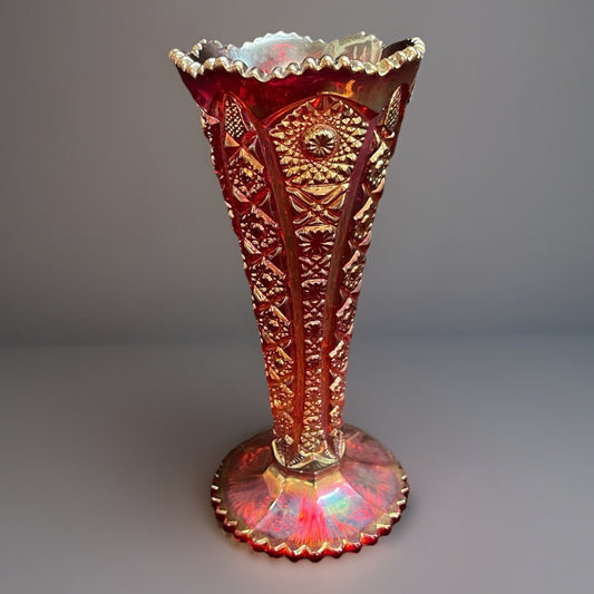 Vintage Imperial Glass Carnival Daisy and Button Sunset Red Bud Vase 8"