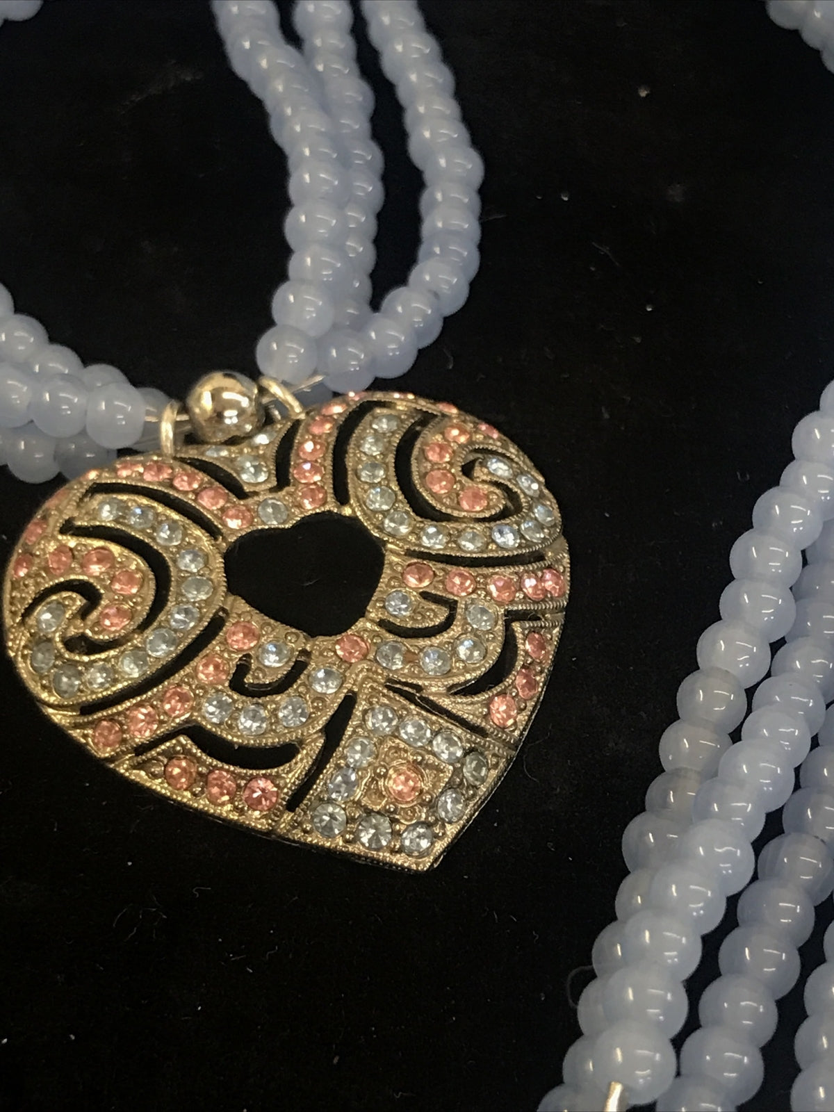 Vintage Blue Glass Bead Necklace with heart  blue & pink rhinestone pendant