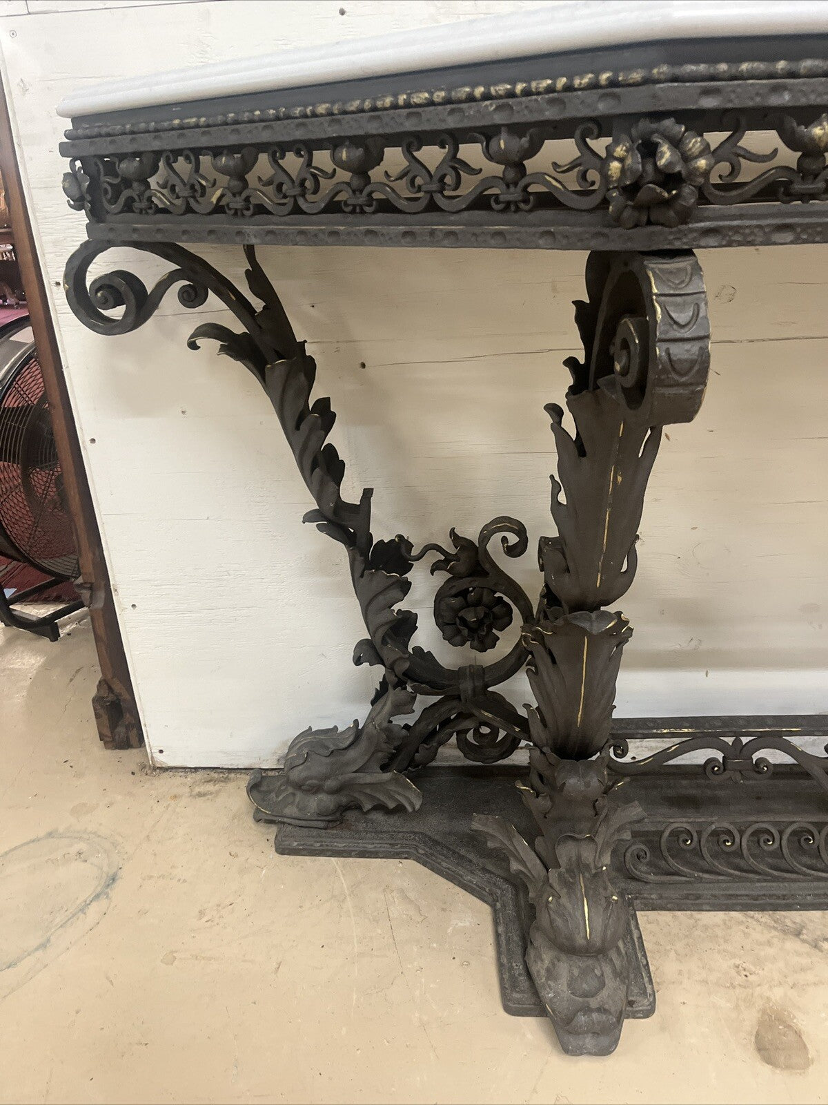 ANTIQUE ITALIAN VENETIAN WROUGHT IRON CONSOLE SIDEBOARD W/ WHITE QUARTZ TOP 105”