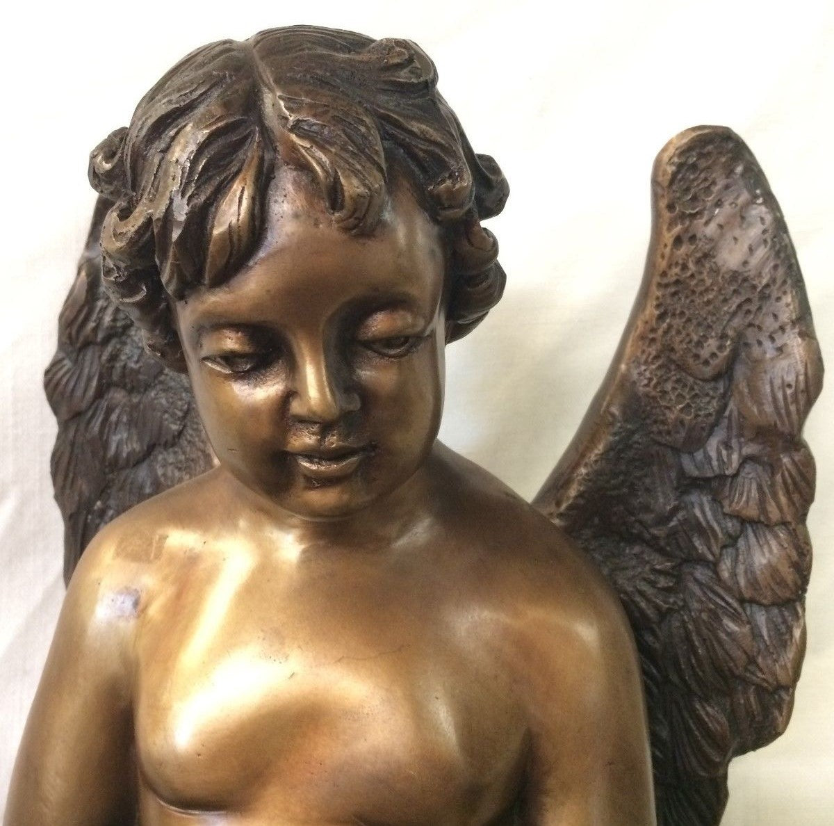 Bronze Cherub w Wings Angel Holding a Conch Shell Tabletop  Fountain H 27"