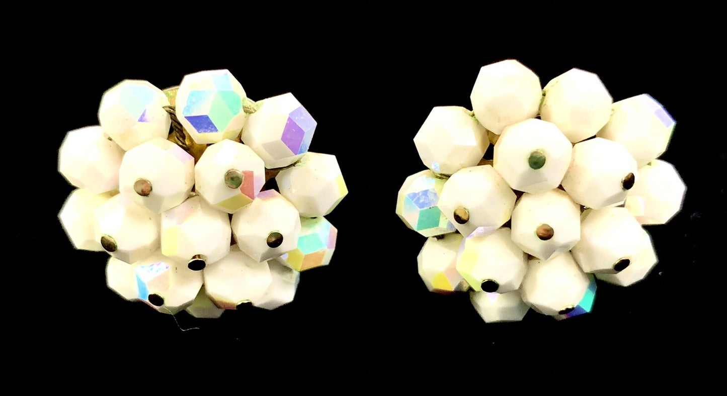 Vintage 1950s Laguna Milk Glass Crystal Clip Earrings Signed