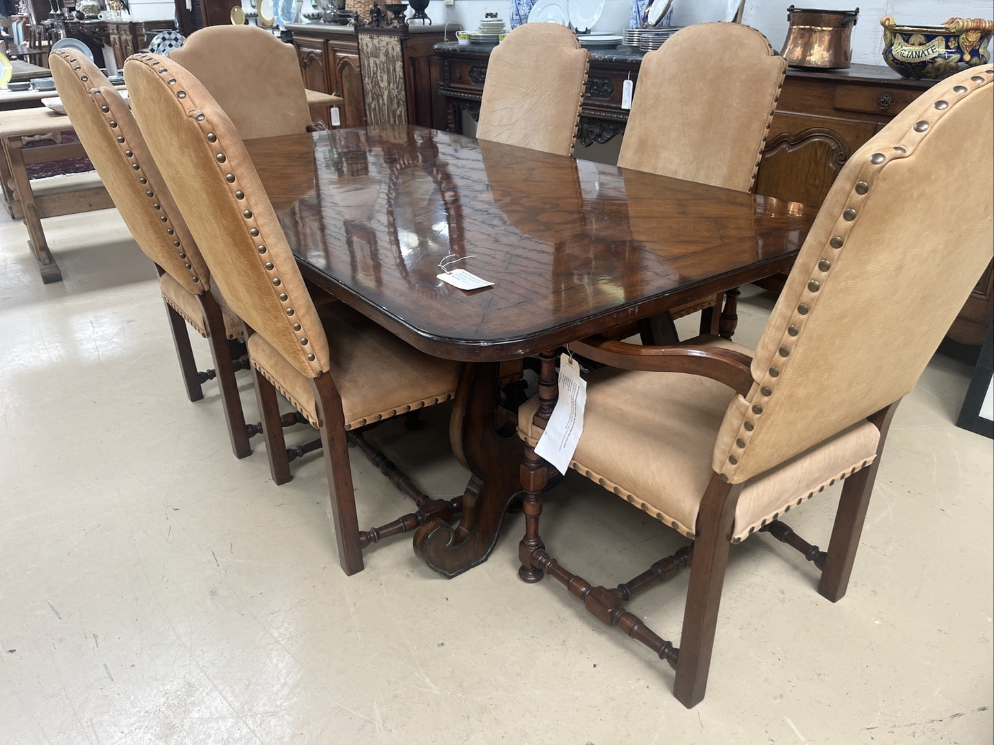 MAITLAND SMITH BAROQUE SPANISH STYLE DINING TABLE W/ INLAY & METAL STRETCHER 90”