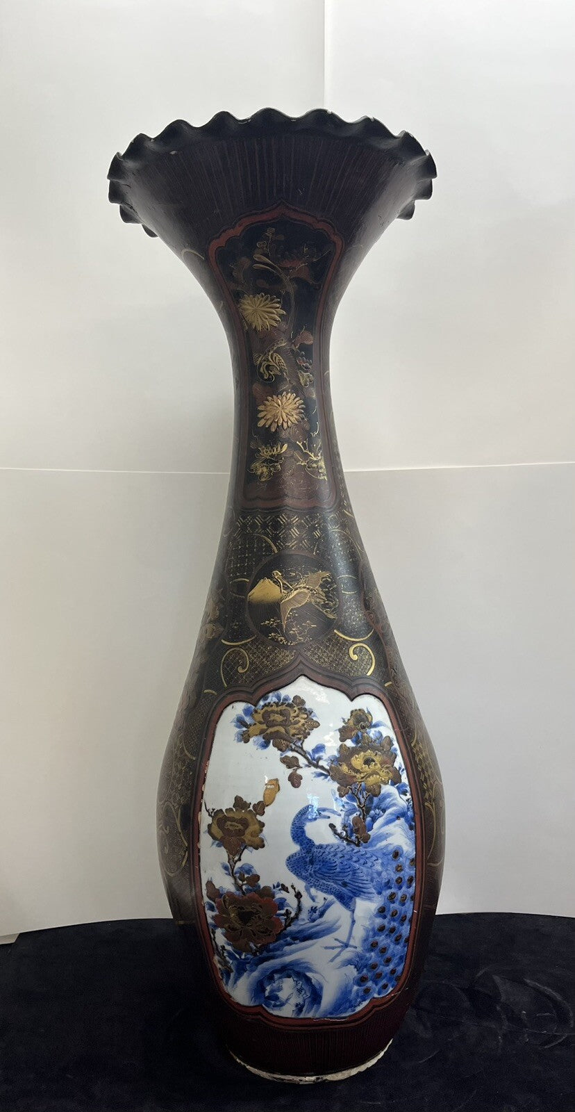 41" IMPRESSIVE MEIJI JAPANESE LACQUER COATED PORCELAIN PALACE VASE  FS1