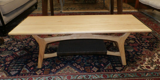 Mid Century Modern Style Solid  Ash Coffee Table with Rattan Shelf Midcentury