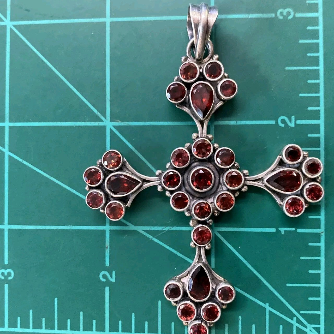 Sterling Silver 925 Garnet Stone Cross Pendant 20g