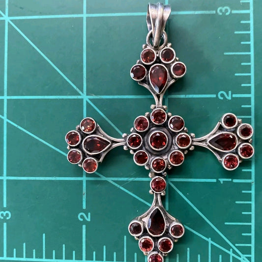 Sterling Silver 925 Garnet Stone Cross Pendant 20g