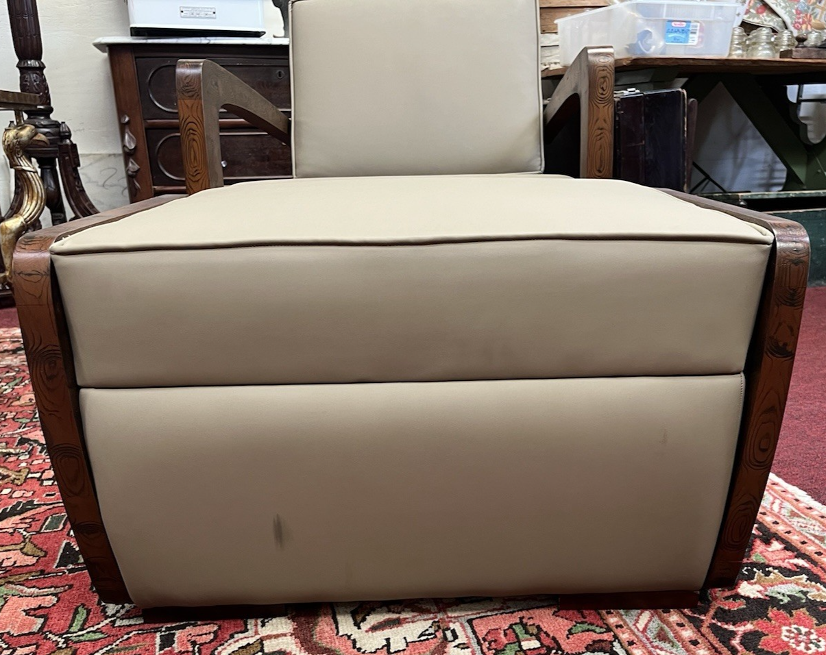 PAIR OF ART DECO STYLE UPHOLSTERED ARMCHAIRS & OTTOMANS