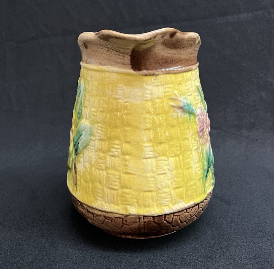 Majolica Basketweave Floral Design Brown and Yellow Jug/Pitcher 6 3/8"