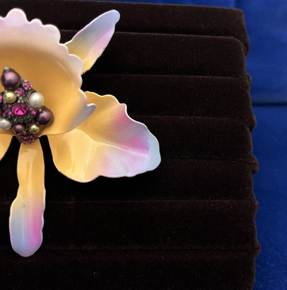 JOAN RIVERS Orchid Brooch Enamel Purple & Peach Flower Lady bug Pin Rhinestones