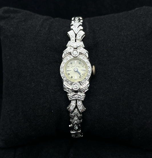 18g Vtg Hamilton Ladies 757 Diamond Watch 14K White Gold 22J Manual Wind Art Dec