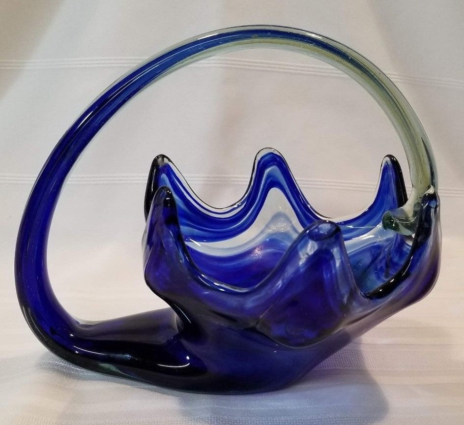Vintage Hand Crafted Stretch Glass Centerpiece Bowl Cobalt Blue & Clear Glass