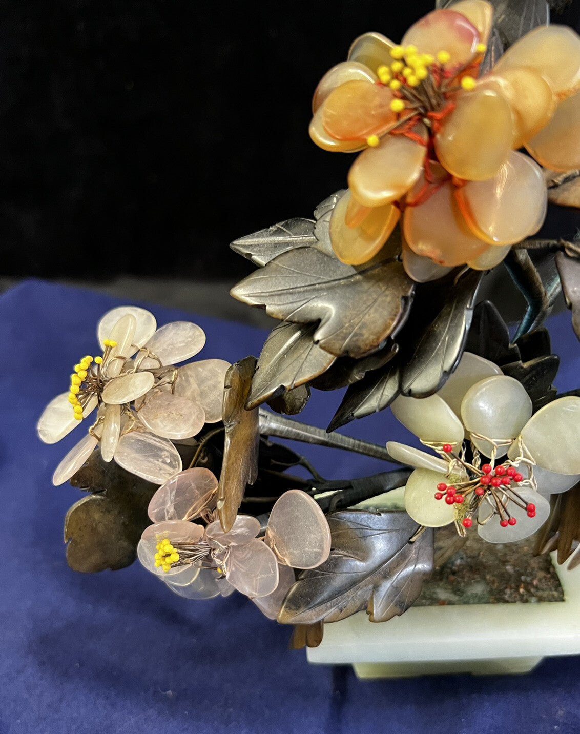 Chinese Tree of Life Bonsai Floral Mid Century Modern Jade Rose Quartz Agate 10"