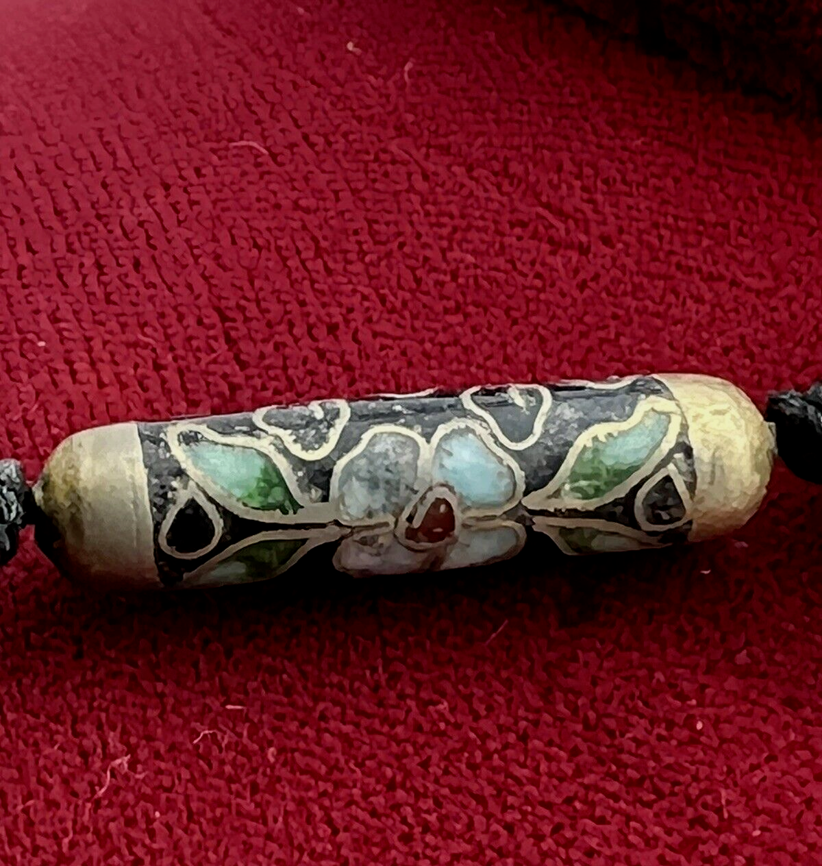 Antique Handmade 30" Cloisonne Necklace Hand Painted Black Enamel Floral Design