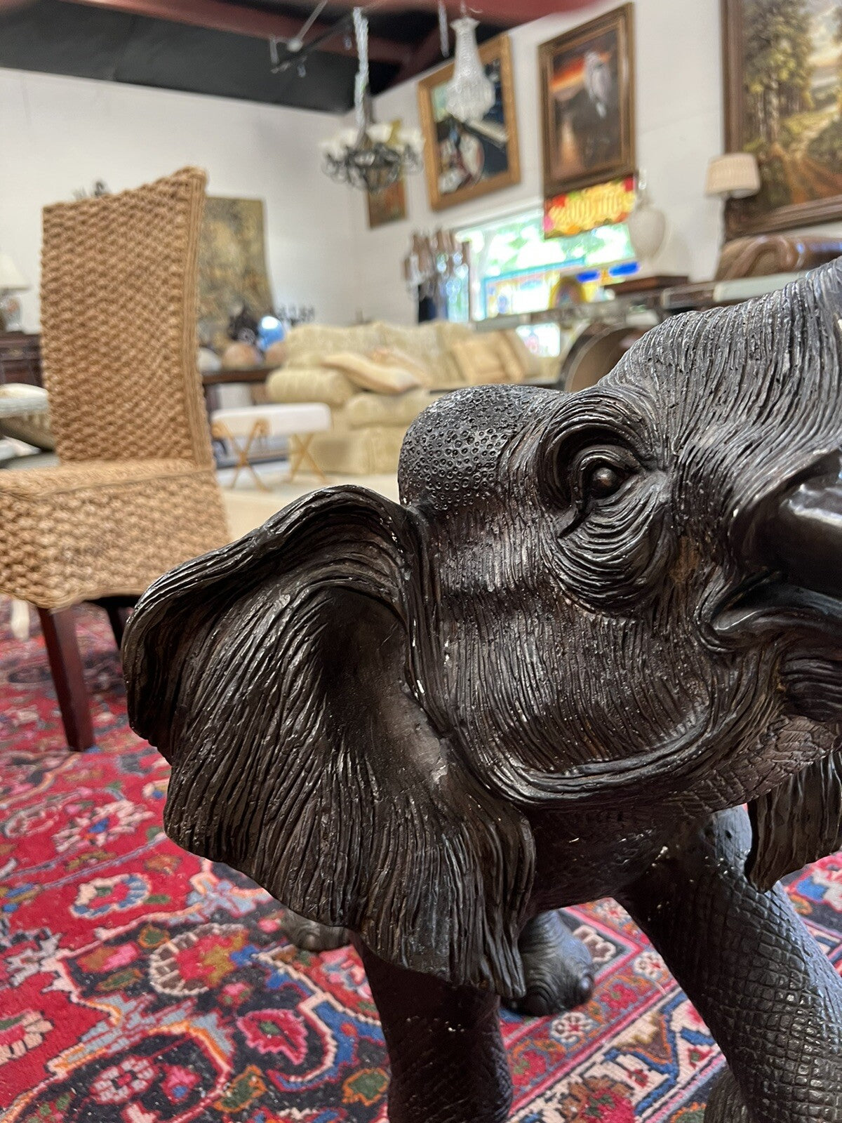 Large 44" Long Bronze Elephant Statue Wildlife Sculpture Walking w/ Tusk Up