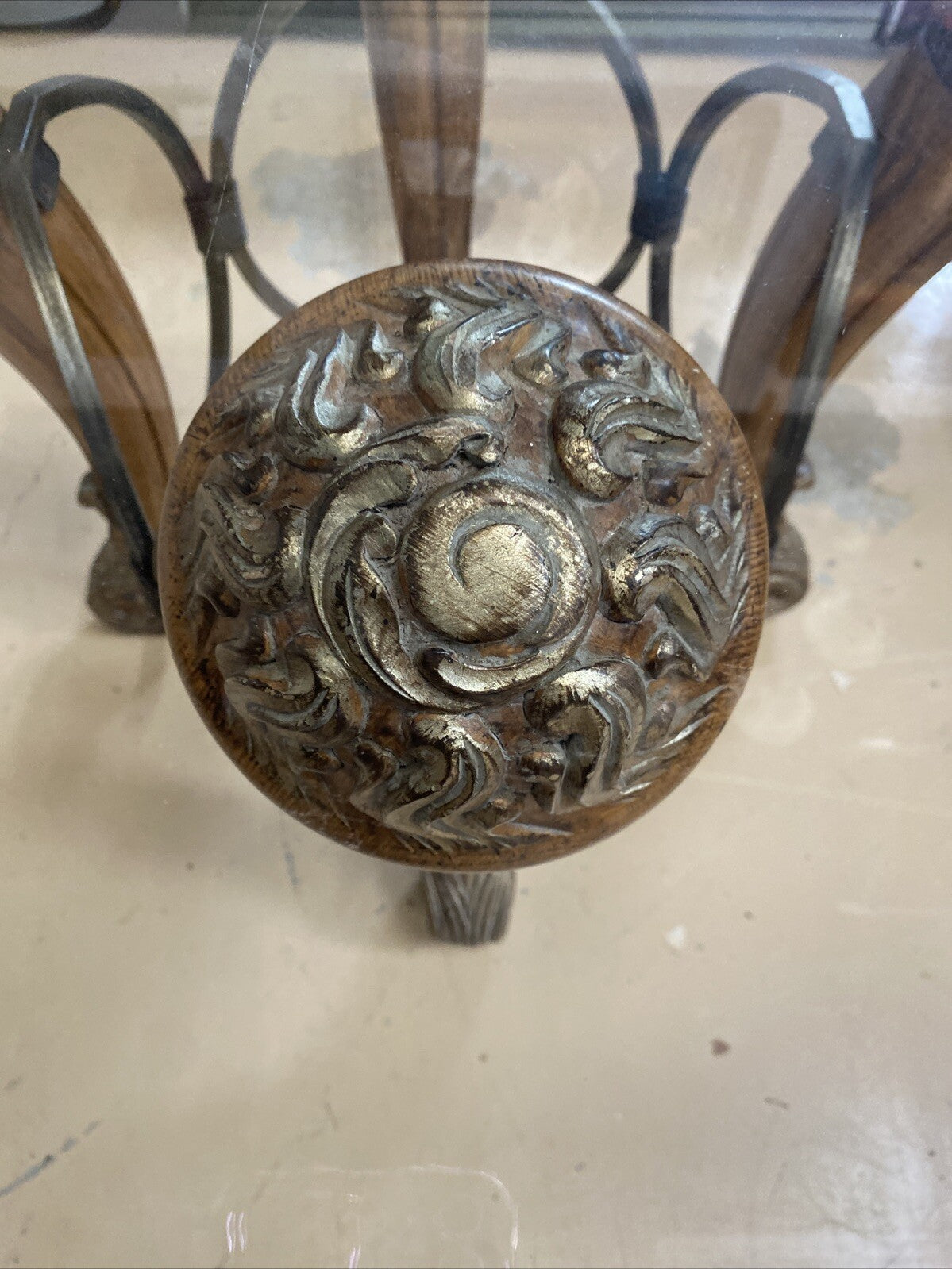 68" Round LARGE CONTEMPORARY GLASS-TOP Dining TABLE 4wood Carved & Iron Supports