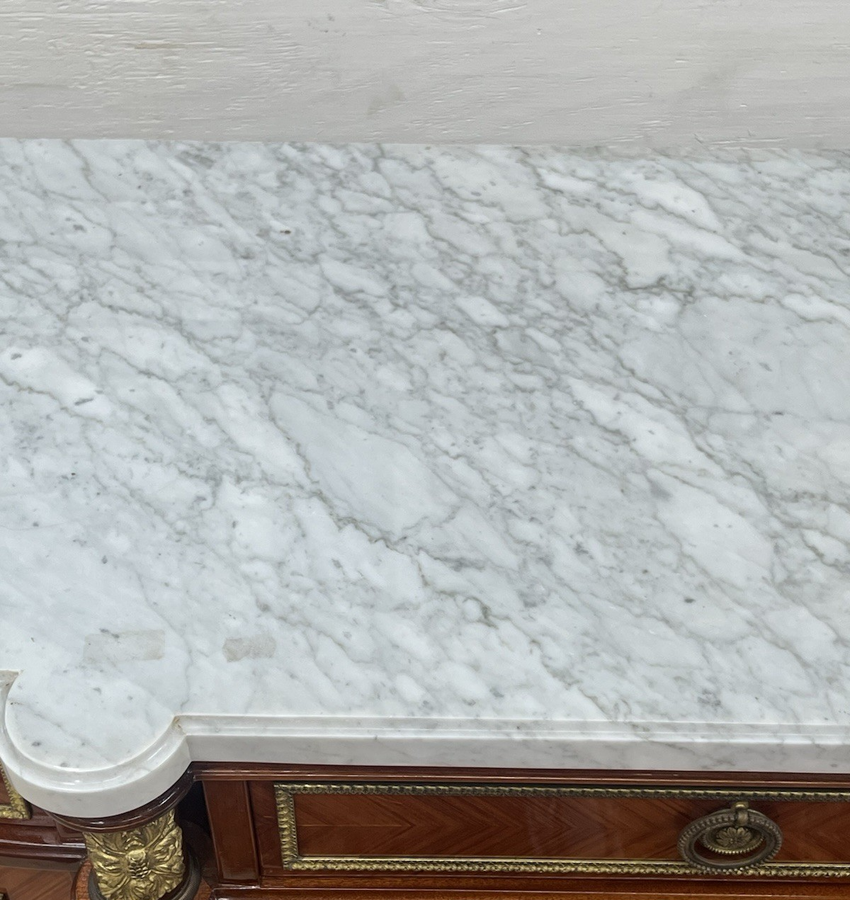 FRENCH LOUIS XVI MARBLE-TOP LACQUERED MARQUETRY DEMILUNE ENFILADE SIDEBOARD 105"