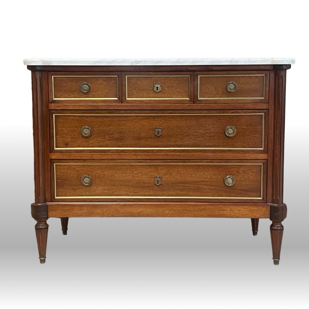 FRENCH LOUIS XVI WHITE MARBLE-TOP MAHOGANY 3-DRAWER COMMODE CHEST OF DRAWERS