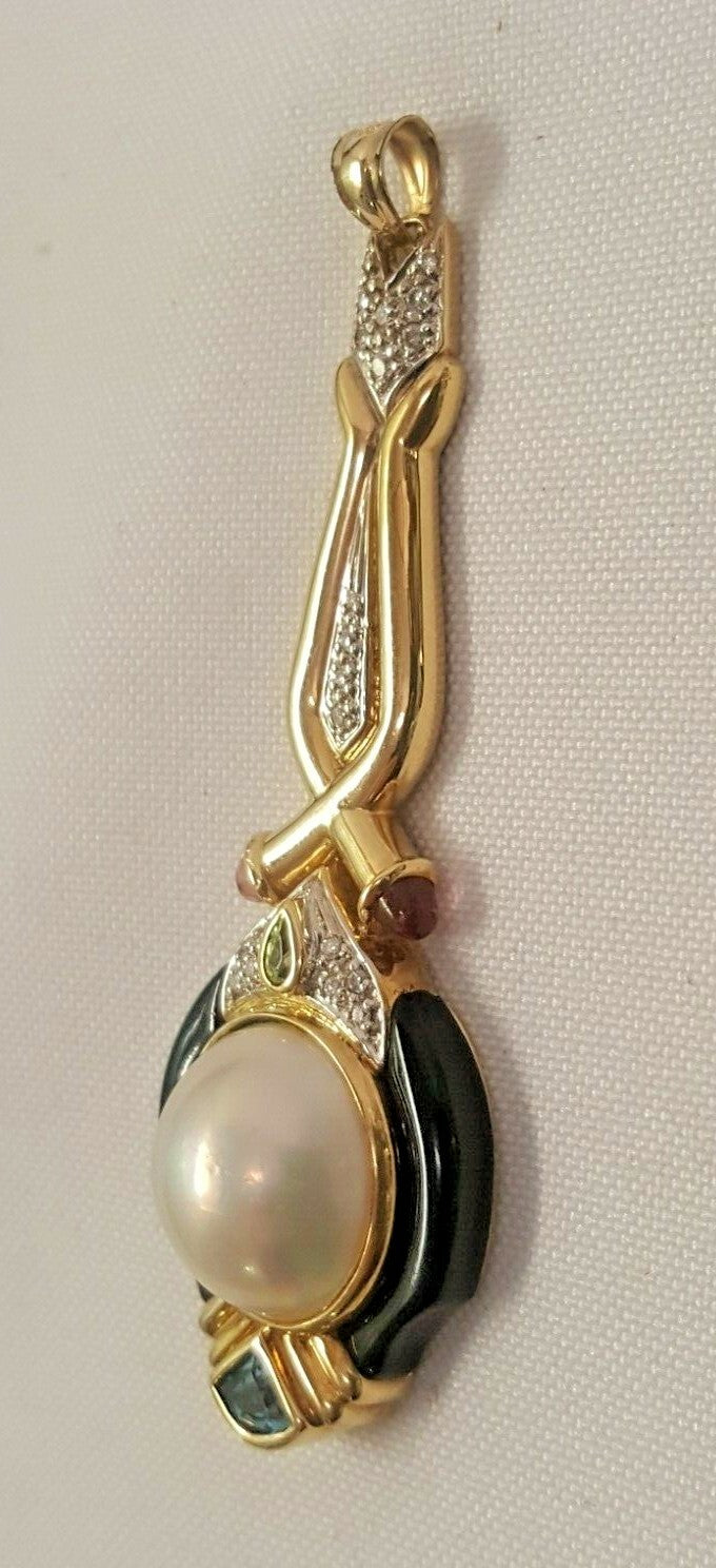 14k Mabe Pearl & Black Onyx Pendant w Amethyst Peridot Aquamarine Diamonds 14.7g