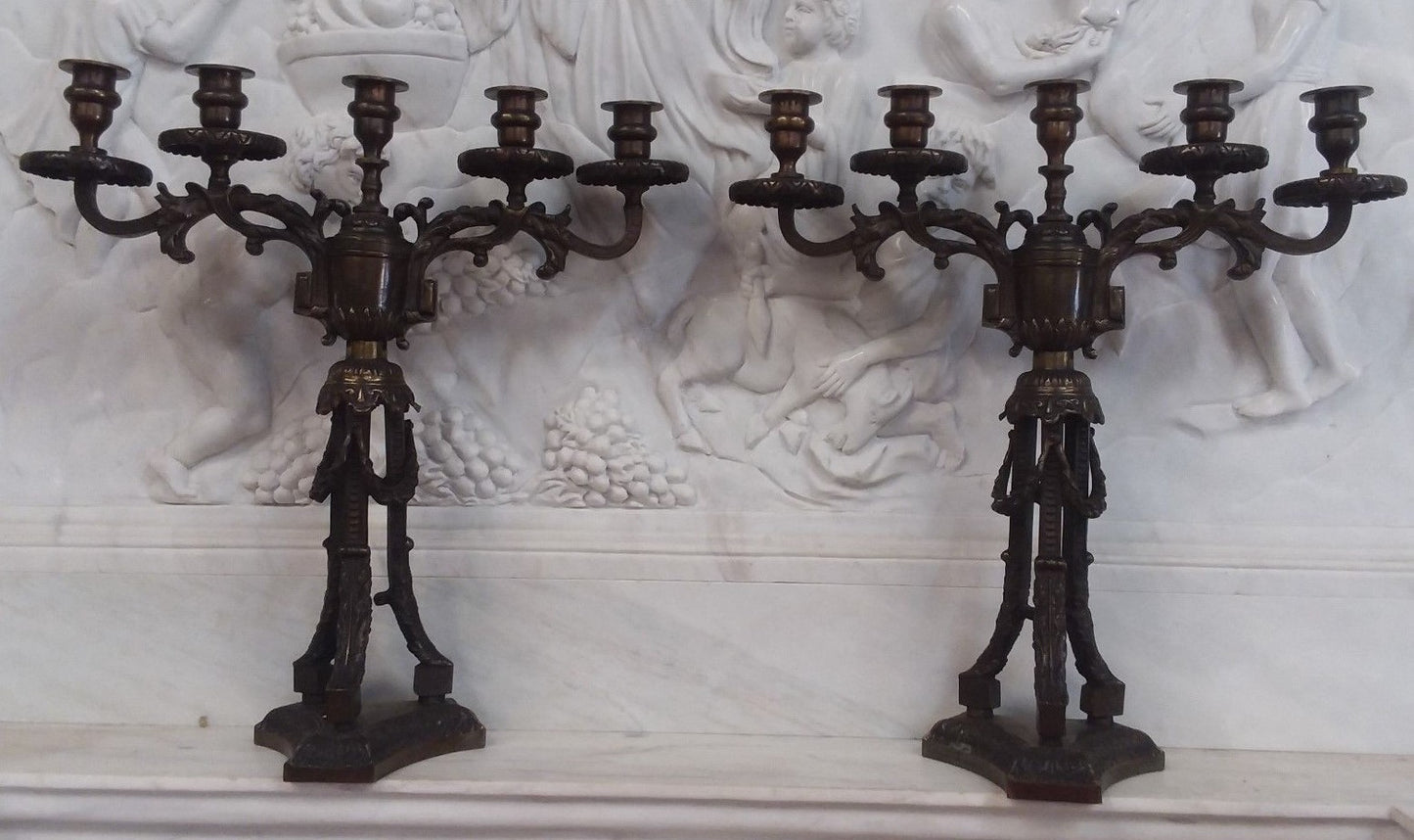 Pair Antique Bronze 5 light Candlesticks H 20" x W 18.5" Tripod Base Beautiful