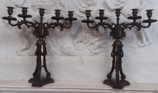 Pair Antique Bronze 5 light Candlesticks H 20" x W 18.5" Tripod Base Beautiful