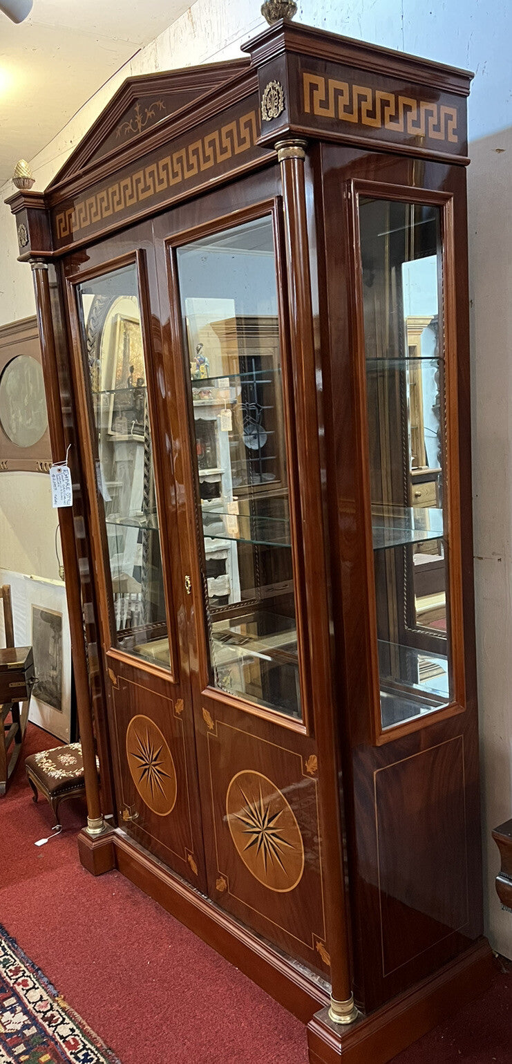 French Empire 2 Door Cabinet w Glass Shelves Inlaid Designs