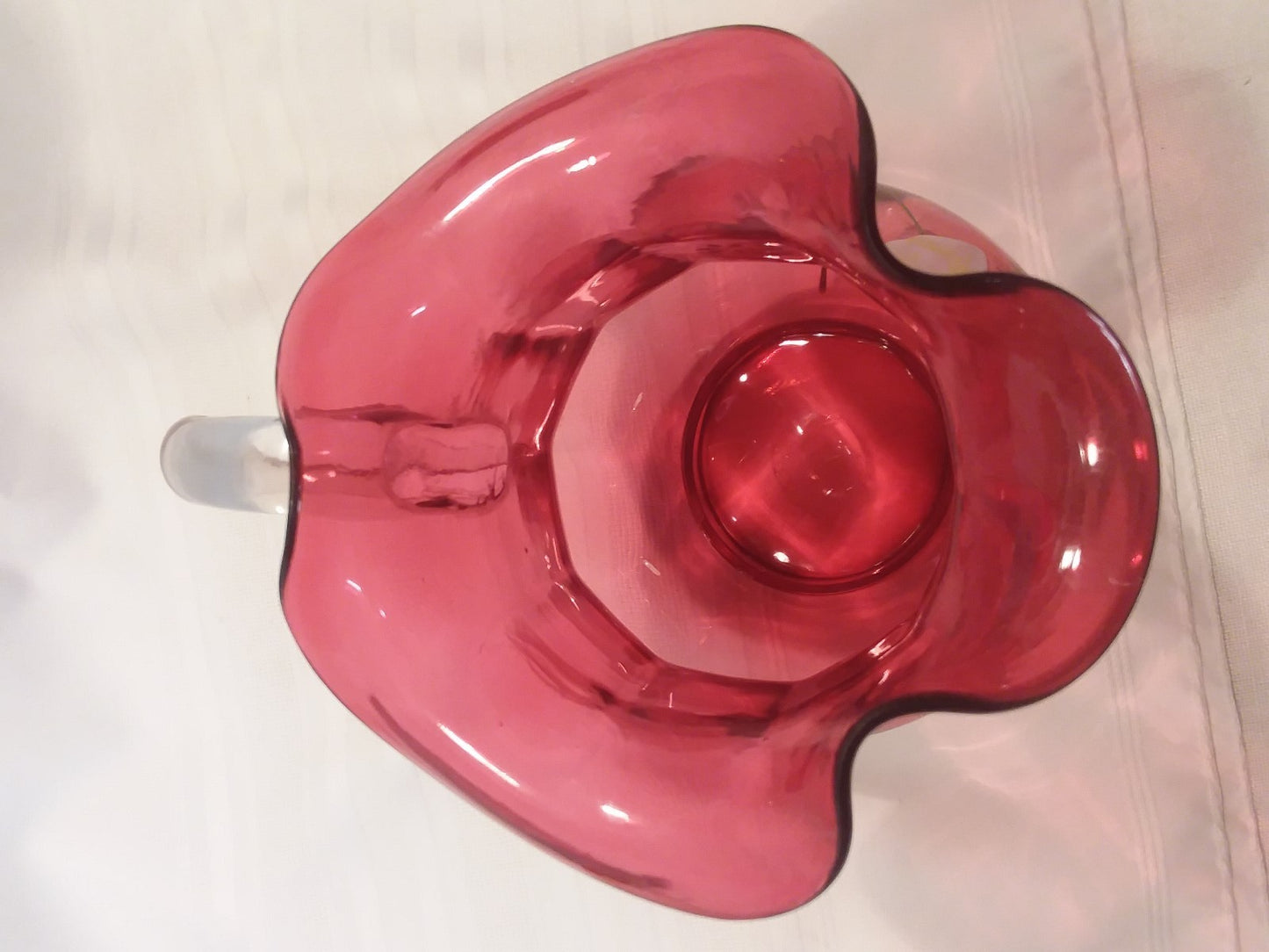 Antique Victorian  Cranberry Glass 9.5" Pitcher  Enameled w Yellow Tulip 100+yrs