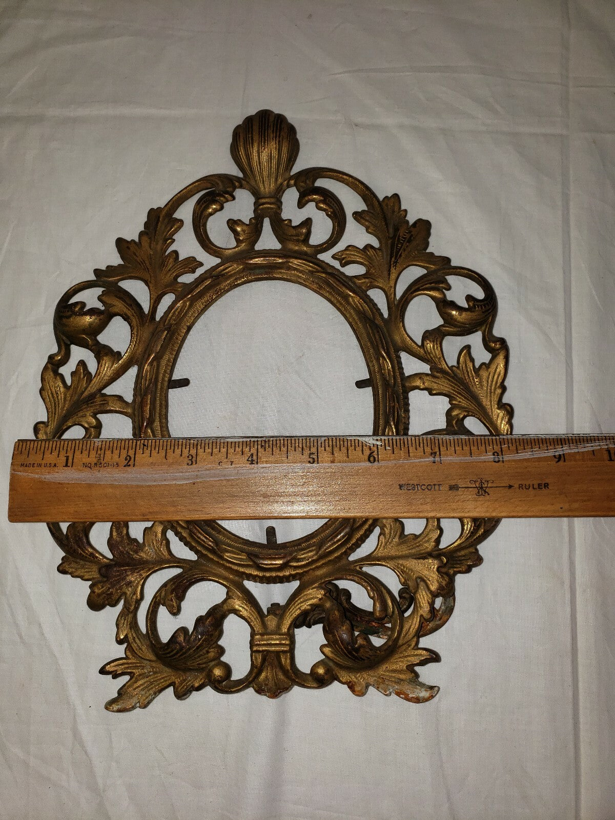 Antique Oval Gilt Cast Iron Tabletop Picture Frame  H 11" x W 8.5"  w Leg Rococo