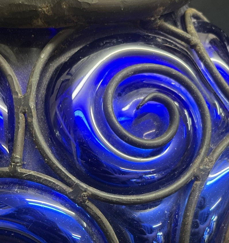 Murano Style Round Cage Bubble Blown Cobalt Blue Iridescent Glass Sculpture 13"