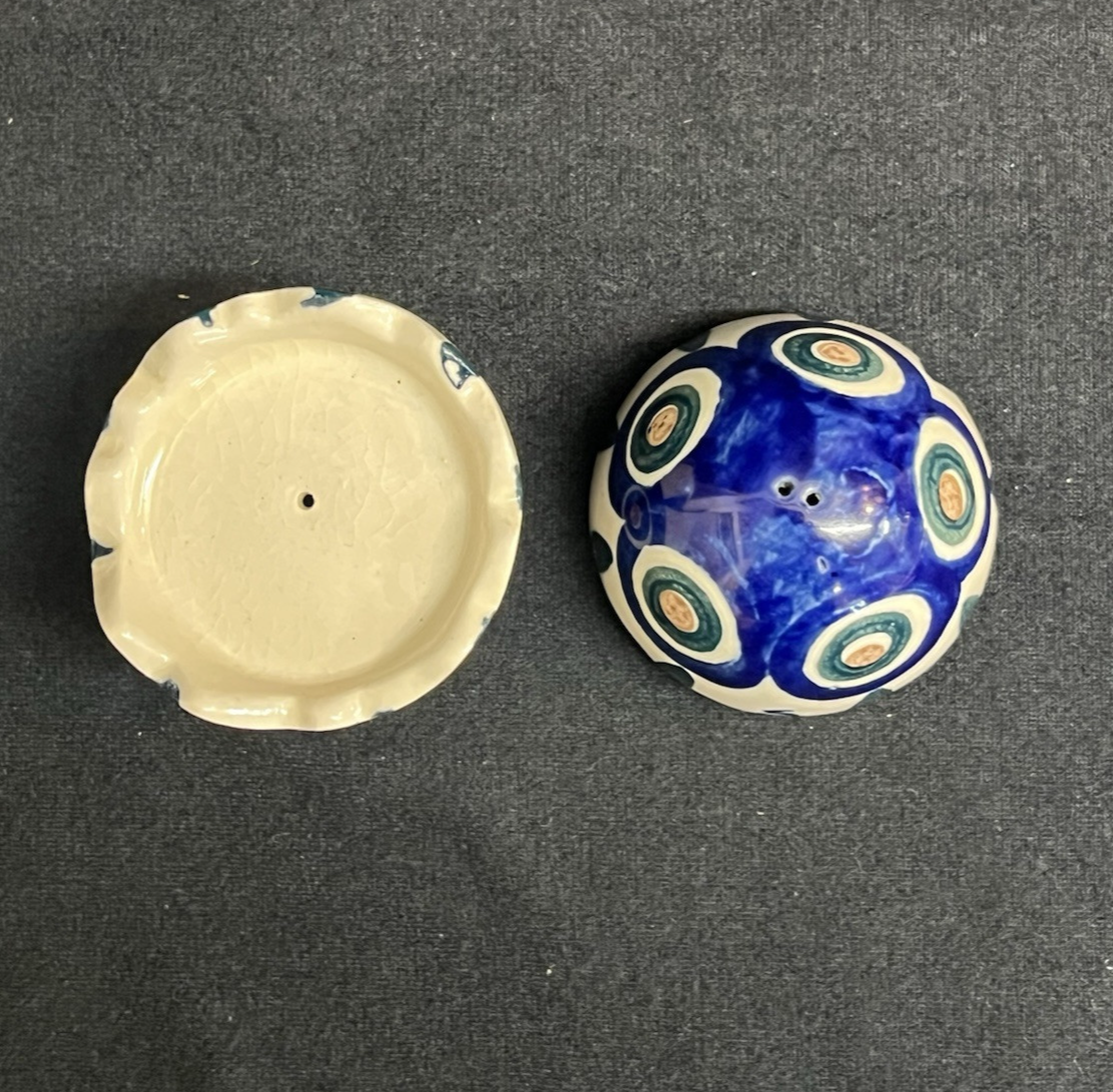 Boleslawiec Polish Pottery Stackable Salt & Pepper Shakers, Peacock Pattern 3 in